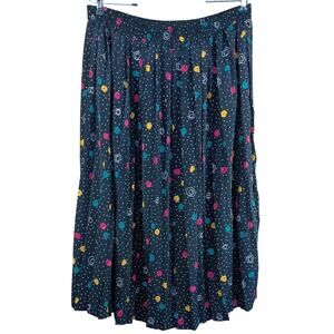 VTG 80s Pleated Midi Skirt Size 16 Colorful Polka Dot Print Black Elastic Waist